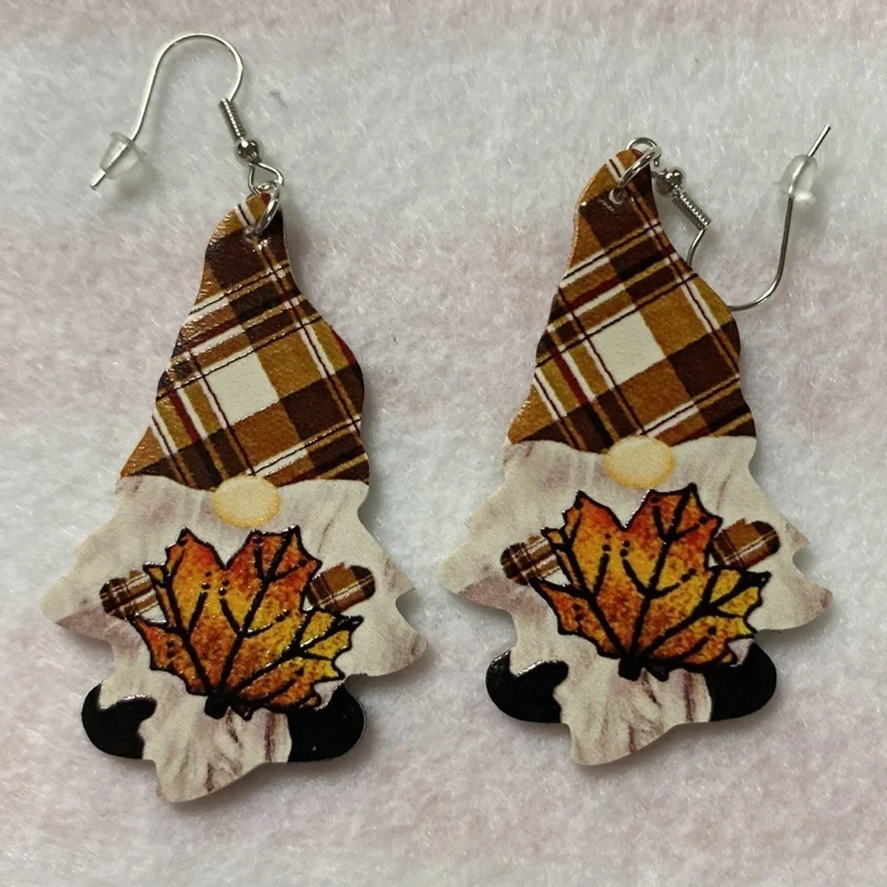 Faux Leather Gnome Shaped Fall Earrings Print both sides (CO) - Picture 6 of 6